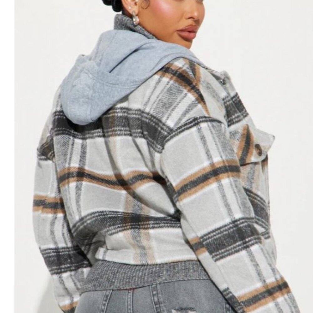 Ci Sono Plaid Hooded Cropped Jacket Sherpa Lined Flannel Jacket Women's M